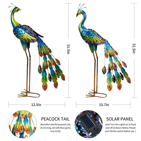 Two Pack Solar Peacock Garden Decor Lights Metal Peacocks Statue With LED Lighting Waterproof Outdoor Yard Art, side view