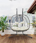 Two Person Outdoor Egg Swing Chair With Stand For Patio Garden Or Balcony Cushioned Wicker Hammock Chair Weather Resistant And Sturdy Dual Hooks
