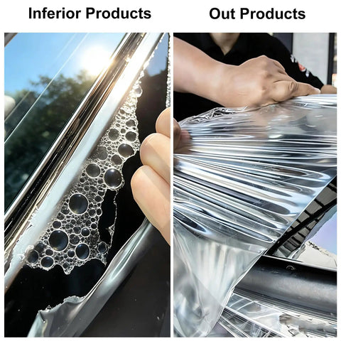 Comparison of Precision Precut TPU Paint Protection Film For Tesla Model Y Juniper 2025 2026 Models with inferior products showing bubbles.