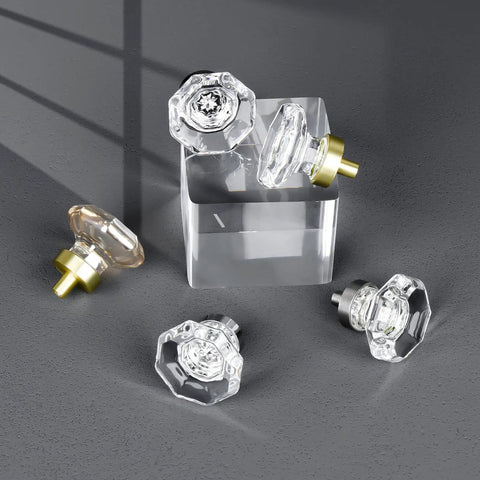 Crystal Glass Dresser Cabinet Knobs 8 Pack Brushed Nickel Octagon Pulls arranged on a gray surface