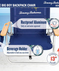 Big Boy 4-Position Folding Backpack Chair With 13 Inch High Seat For Beach Or Camp, navy chair with beverage holder and rustproof aluminum