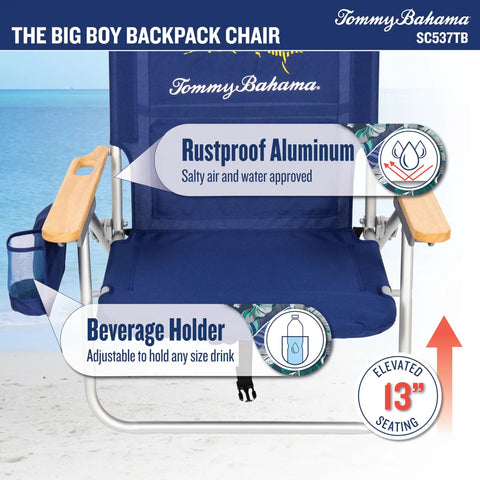 Big Boy 4-Position Folding Backpack Chair With 13 Inch High Seat For Beach Or Camp, navy chair with beverage holder and rustproof aluminum