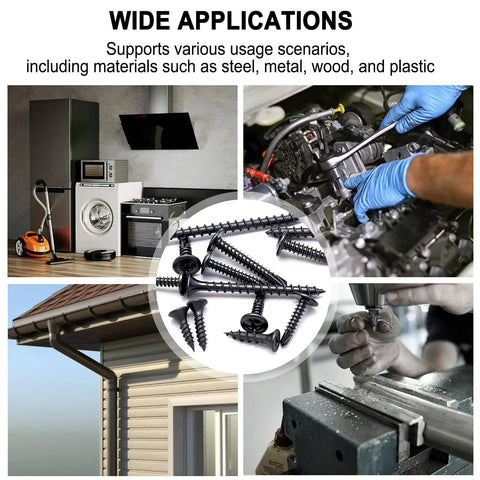 All In One Wood Screws Assortment Kit With Portable Box Self Tapping And Self Drilling Phillips Flat Head Black Screws In 410 Stainless Steel Heavy Duty Pro Grade Sizes 6 8 10 18 From Two And A Half Inches Down To Half Inch uses in various applications
