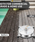 14 Inch Pressure Washer Surface Cleaner With Four Wheels Stainless Steel Construction on a wet deck showing cleaning effect.