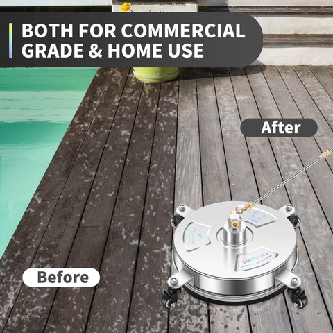 14 Inch Pressure Washer Surface Cleaner With Four Wheels Stainless Steel Construction on a wet deck showing cleaning effect.