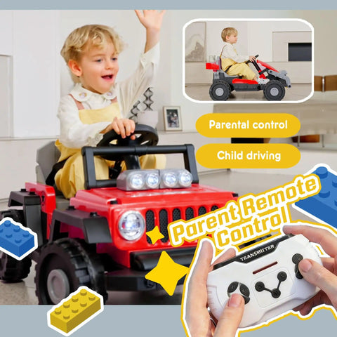 Child playing with 12V Kids Ride On Building Block Car With Parental Remote Control Buildable Jeep Or Go Kart Mode Universal Chassis