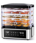 Pro Food Dehydrator With Slick One Touch Presets And Five Stackable Trays For Hassle Free Jerky Fruit Herbs And Dog Treats Straight Up Digital Timer Controls, displaying food on trays.