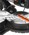 Close-up of 15 Amp 10 Inch Dual Bevel Sliding Compound Miter Saw With LED Cutline For Precise Crosscuts With Compact Dual Rail System