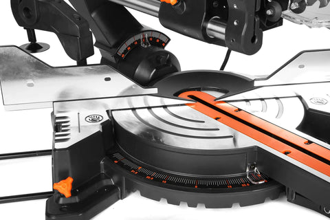 Close-up of 15 Amp 10 Inch Dual Bevel Sliding Compound Miter Saw With LED Cutline For Precise Crosscuts With Compact Dual Rail System