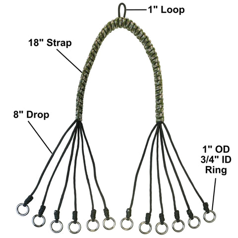 Rugged Paracord Bird Tote Carrier With 12 Drop Slip Ring System for waterfowl, ducks, geese, durable hang from carabiner