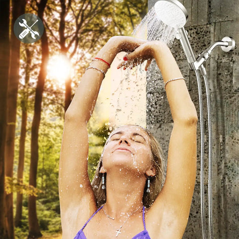 Woman enjoying outdoor shower with High Pressure Kickin Rain Shower Head With Handheld Unit 4.5 Inch Shower Head Three Settings