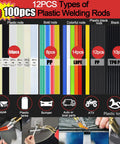 Variety of 12 plastic welding rods in multiple colors and types for repair, part of the 220W Plastic Welder Kit 2 In 1 Plastic Repair Set With Hot Stapler Soldering Gun And 1000 Rods For Car Bumpers And Most Plastic Auto Repairs Quick Heat DIY Friendly Long Lasting Bond No Fuss.
