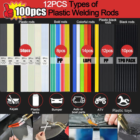 Variety of 12 plastic welding rods in multiple colors and types for repair, part of the 220W Plastic Welder Kit 2 In 1 Plastic Repair Set With Hot Stapler Soldering Gun And 1000 Rods For Car Bumpers And Most Plastic Auto Repairs Quick Heat DIY Friendly Long Lasting Bond No Fuss.