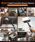 16-In-1 Upgraded Steam Cleaner With 2500W Motor And 9S Rapid Heating, multiple cleaning attachments in use on various surfaces.