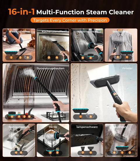 16-In-1 Upgraded Steam Cleaner With 2500W Motor And 9S Rapid Heating, multiple cleaning attachments in use on various surfaces.