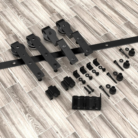 Bypass Mini Barn Door Hardware Kit with Double Sliding Rollers in Black Powder Coat, Solid Steel Construction on floor display.