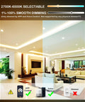 Living room with Smart WiFi LED recessed lights, dimmable from 2700K-6500K, part of Six Pack 6 Inch Smart WiFi LED Recessed Lights.
