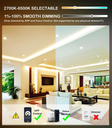 Living room with Smart WiFi LED recessed lights, dimmable from 2700K-6500K, part of Six Pack 6 Inch Smart WiFi LED Recessed Lights.