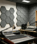 12 Pack Hexagon Acoustic Foam Panels Self Adhesive Sound Dampening Tiles High Density on studio walls for sound clarity.