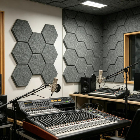 12 Pack Hexagon Acoustic Foam Panels Self Adhesive Sound Dampening Tiles High Density on studio walls for sound clarity.