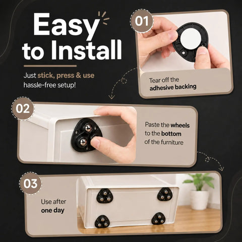 Step-by-step installation guide for DaddyBee Heavy Duty Self Adhesive Casters 8 Pack Stick-On Swivel Wheels.