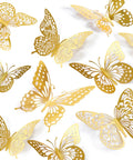 Gold 3D Butterfly Wall Decor Set With 48 Removable Stickers, 4 Styles, 3 Sizes displayed on a white background
