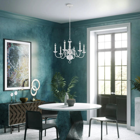 Williamsburgh 6 Light Chandelier In White Traditional Steel Fixture for dining room elegance