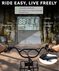 Electric Tricycle For Adults With 749W Motor And 48V Battery dashboard display on handlebars with speed, battery, and assist indicators