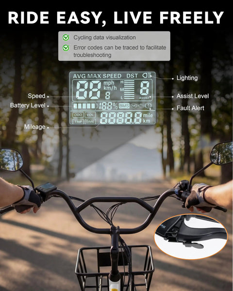 Electric Tricycle For Adults With 749W Motor And 48V Battery dashboard display on handlebars with speed, battery, and assist indicators