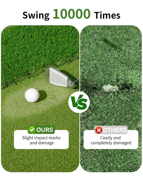 Comparison of durability after 10,000 swings on Dual Turf Golf Mat With Ball Tray And Alignment Guide, slight vs severe damage.