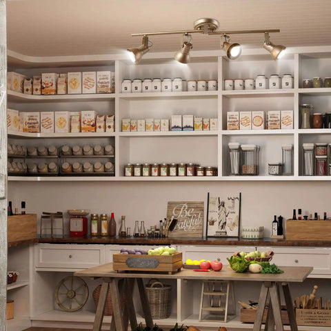 Gold LED Track Lighting Kit With Adjustable Ceiling Spotlights illuminating a kitchen pantry with rotatable downward heads.