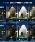 2 Pack Solar Street Light 180000 Lumens Outdoor LED Flood Light With Light Control And PIR Motion Sensor modes demonstration
