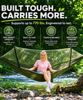 Person relaxing in Camping Hammock With Mosquito Net 360 Degree Protection Ultrafine Mesh 770 Lbs Capacity With Tree Straps