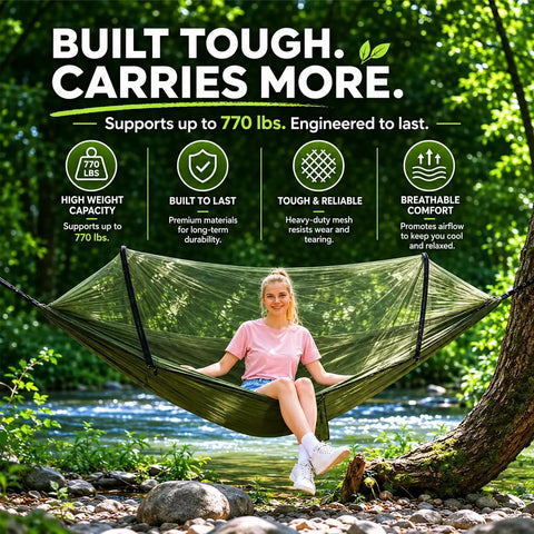 Person relaxing in Camping Hammock With Mosquito Net 360 Degree Protection Ultrafine Mesh 770 Lbs Capacity With Tree Straps
