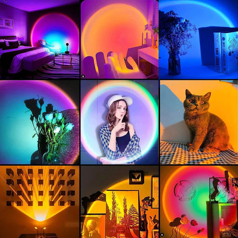 Sunset Lamp With 16 Color Modes And Remote Control Lit Night Light For Parties And Living Room Or Bedroom Decor Bright Mood Lighting Gift For Women And Home Ambience casting colorful patterns in multiple settings