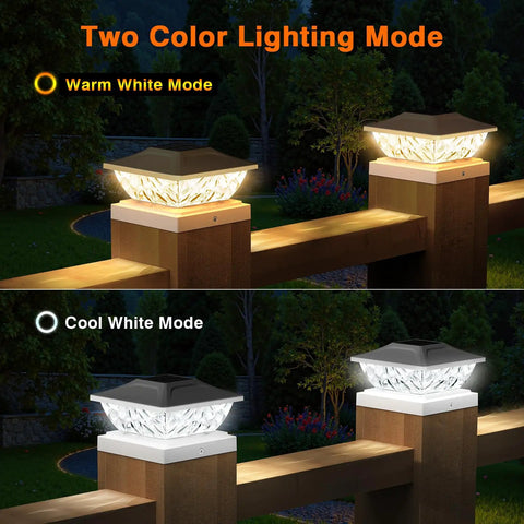 Six Pack Solar Post Cap Lights For Outdoor Fence And Deck With Two Color Modes Cool White And Warm White Waterproof Solar Powered Post Caps For 4x4 4.5x4.5 And 5x5 Posts Garden Decor Dope display of both light modes