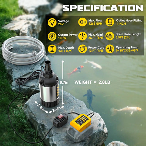 Cordless Submersible Water Pump With 1268 GPH High Flow 100W Motor 13Ft Submersion 26Ft Lift 6.5Ft Hose Portable Pool And Spa Drainage Pump Battery Not Included 20V Battery Compatible on display with dimensions and specifications overlaid.