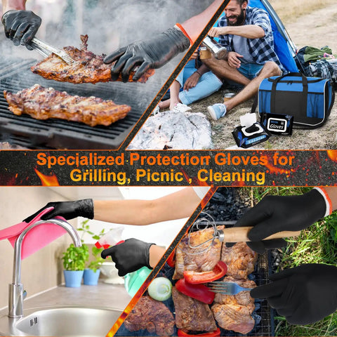 BBQ Gloves Set With 50 Disposable Nitrile Gloves And 2 Reusable Cotton Liners For Cooking Food Prep Powder Latex Free Heat Resistant