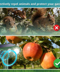 Image showing solar powered ultrasonic animal repellent with motion sensor protecting garden from squirrels and preserving apples.