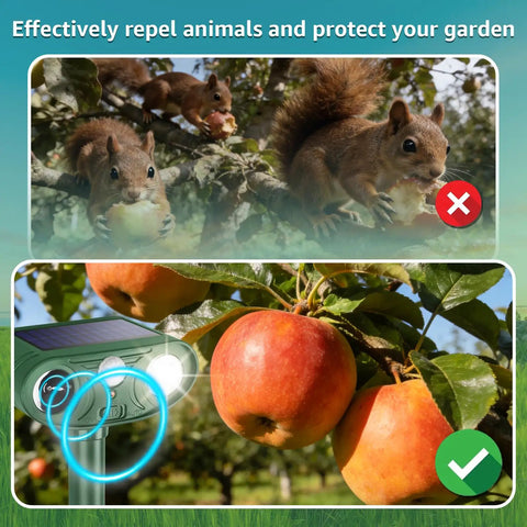 Solar Powered Ultrasonic Animal Repellent For Outdoor Yards And Gardens With Motion Sensor And Strobe Light Dual Mode Audible Alarm Or 25KHz Ultrasonic Deterrent Weatherproof Critter Shield Against Rodents Coyotes And Raccoons in apple orchard
