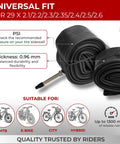 Pack Of 2 29 Inch Bike Inner Tubes With 48mm Presta Valve For Mountain And Hybrid Bikes Fits 29 Inch Tires From 2.1 To 2.6 Inches Made From Durable Butyl Rubber For Easy Inflation And Reliable Air Retention Ride Ready displayed with PSI and thickness details, suitable for MTB, E-Bike, City, Hybrid.
