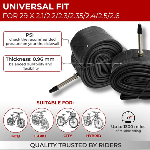 Pack Of 2 29 Inch Bike Inner Tubes With 48mm Presta Valve For Mountain And Hybrid Bikes Fits 29 Inch Tires From 2.1 To 2.6 Inches Made From Durable Butyl Rubber For Easy Inflation And Reliable Air Retention Ride Ready displayed with PSI and thickness details, suitable for MTB, E-Bike, City, Hybrid.