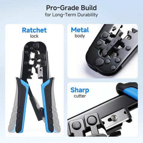 RJ45 Crimp Tool With Built In Wire Cutter And Stripper Pro Grade Ethernet Crimper for patch cables with ratchet lock and metal body
