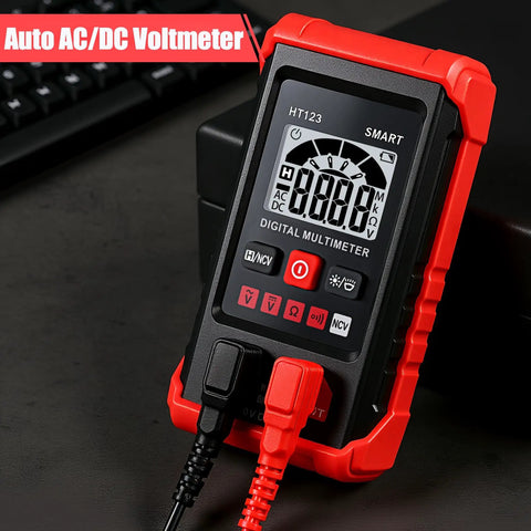 Digital Multimeter With Auto Ranging And NCV Non Contact Voltage Tester on a desk showing display and connections