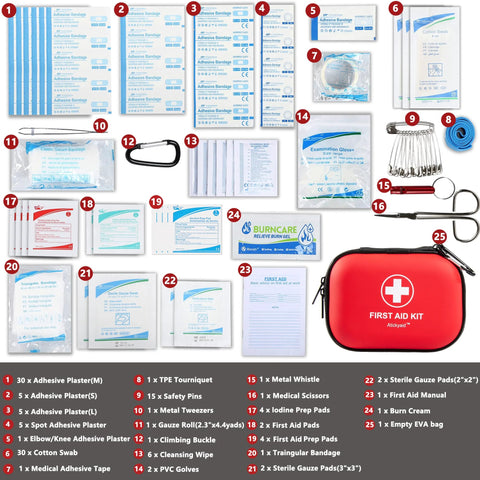 Mini red waterproof hard-shell first aid kit with 120-piece medical supplies (bandages, scissors, tweezers, gauze).