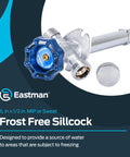 Six Inch Frost Free Sillcock With Vacuum Breaker For Outdoor Water Supply One Half Inch MIP And One Half Inch Sweat Brass Plumbing Fitting With Large Wheel Handle Built Tough Winter Proof Faucet with blue handle