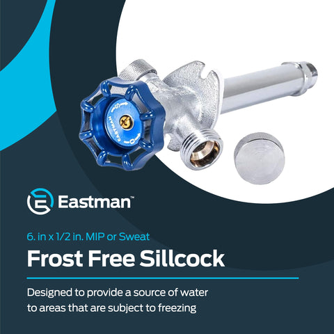 Six Inch Frost Free Sillcock With Vacuum Breaker For Outdoor Water Supply One Half Inch MIP And One Half Inch Sweat Brass Plumbing Fitting With Large Wheel Handle Built Tough Winter Proof Faucet with blue handle