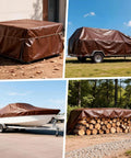 Heavy Duty 16 Mil 10x20 Foot Waterproof Poly Tarp With Brass Grommets And Reinforced Edges covering various equipment outdoors