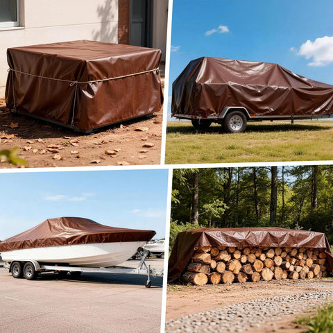 Heavy Duty 16 Mil 10x20 Foot Waterproof Poly Tarp With Brass Grommets And Reinforced Edges covering various equipment outdoors