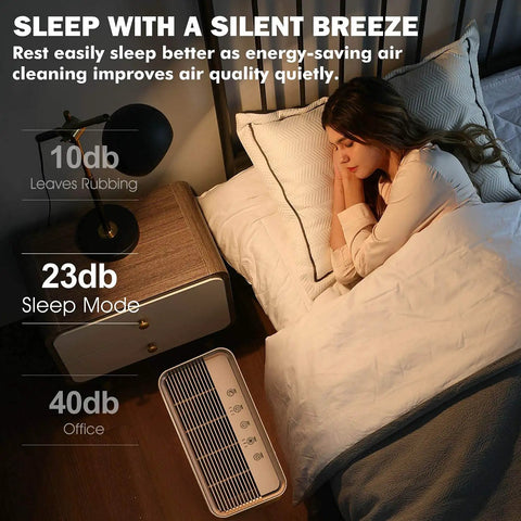 Woman sleeping peacefully with bedside air purifier; H13 True HEPA Air Purifier Replacement Filter With Activated Carbon Four In One Filtration For Big Rooms Captures Allergies Pollen Smoke Dust Pet Dander VOC Odors